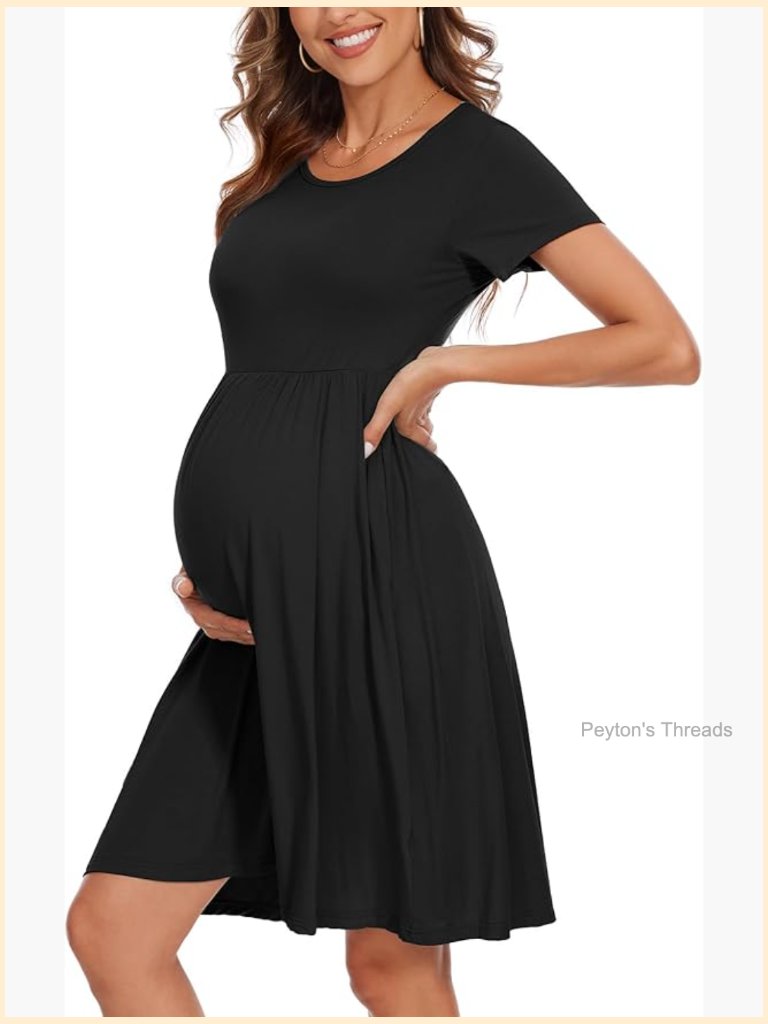 Short Sleeve Maternity Dress With Pockets Rayon Blend